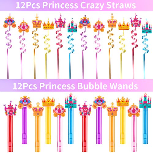 308PCS Princess Birthday Party Decorations Favors, Including Goodie Bags, Crown, Magic Wand, Straws, Bubble Wands, Stickers, Cake Toppers, Tattoo & More-Perfect for Party Decorations & Pinata Fillers