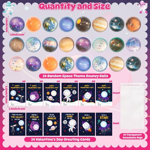 TICIAGA Valentine’s Day Space Exchange Gift - 24 Pack Galaxy Astronaut Greeting Card with Space Bounce Ball and Bag Bulk for Kid, Planet Galaxy Fidget Toy for Valentine Goodie Bag Stuffers Party Favor