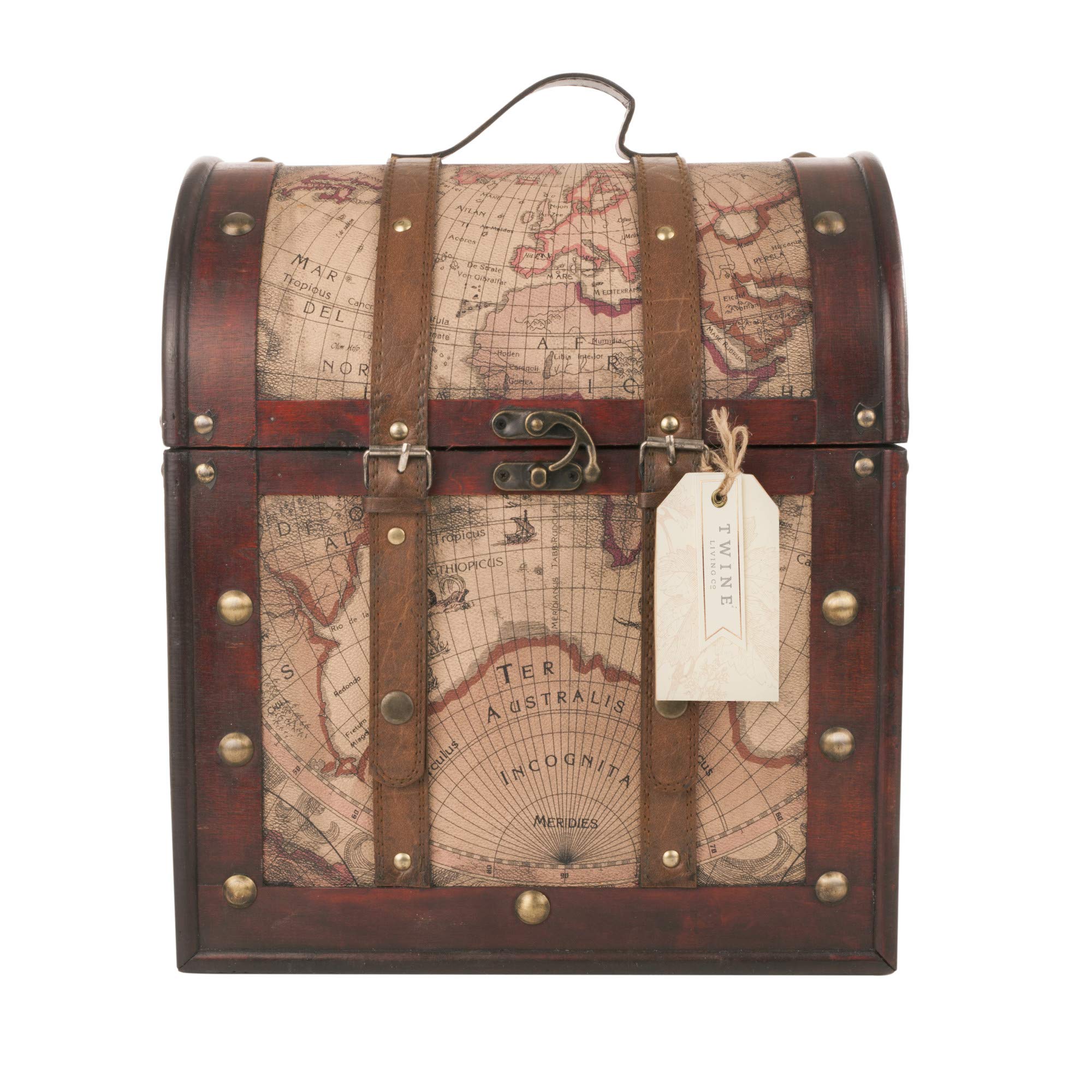 Twine Old World 6 Wooden Wine Bottle Gift Box - Wine Decorative Storage Box with Lid and Handle, Wine Accessory Sets, Wood, Faux Leather in Antique Map Design Liquor Gift Box