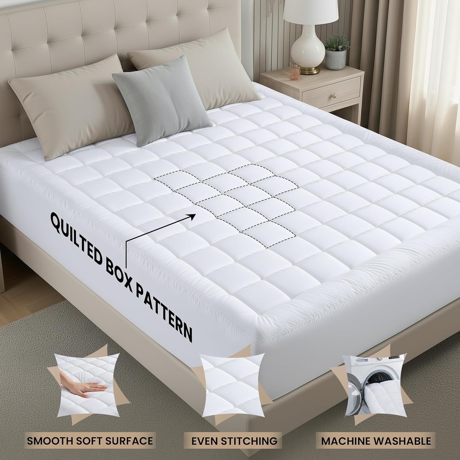 Utopia Bedding Queen Mattress Pad - Quilted Premium Protector with Deep Pocket for 16-Inch Mattresses | 60x80 Inches, White