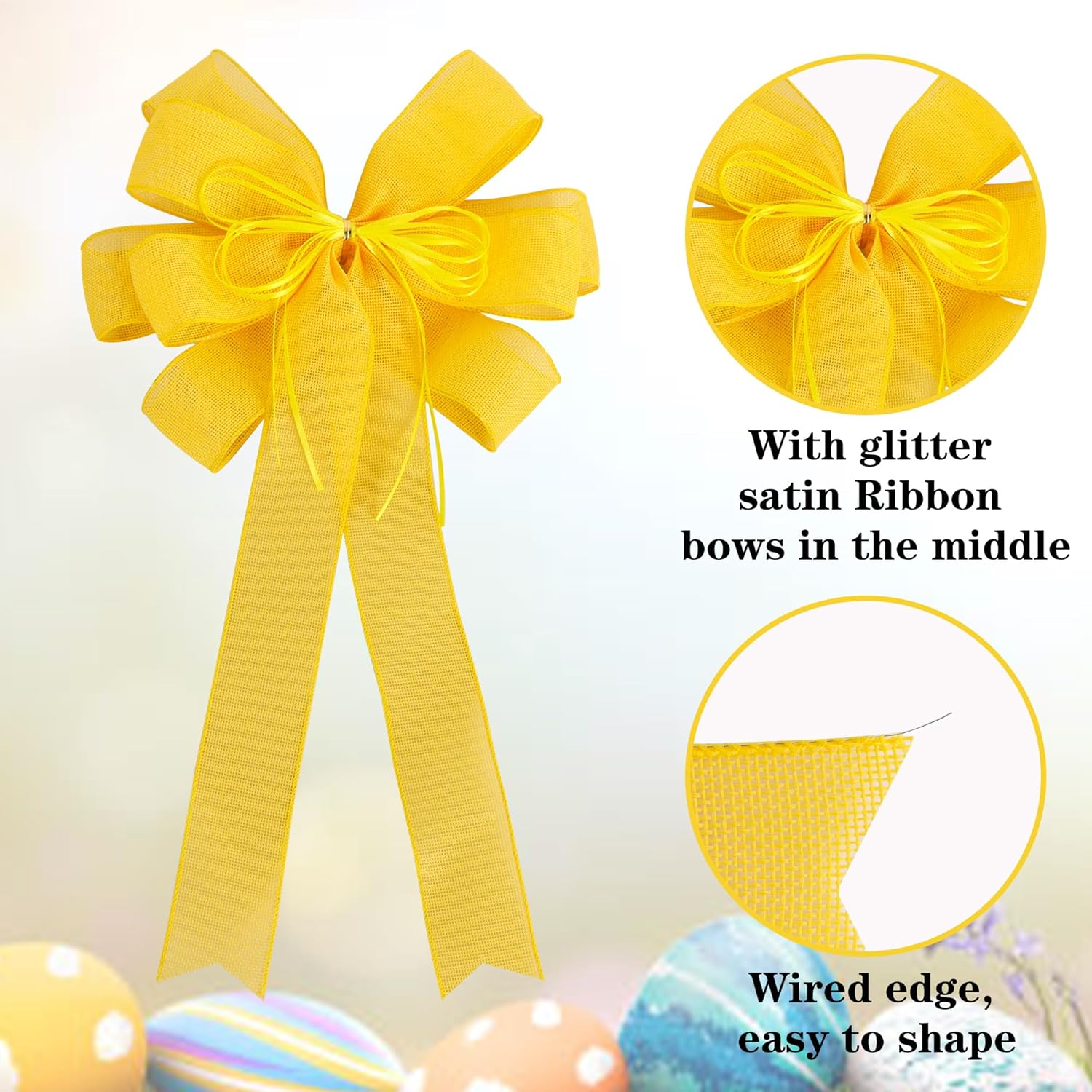 Yellow Christmas Tree Bows by [Brand Name] - Large 12x20 Inch Burlap Wreath Bow with Glitter String for Holiday Decor