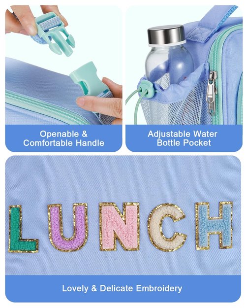 Amersun Kids Insulated Lunch Box- Water-Resistant, Reusable Cute Lunch Tote Bag with Water Bottle Holder & Multi-Pocket-Ideal for Ages 3+ Girls, Boy, School,Travel(Baby Blue)