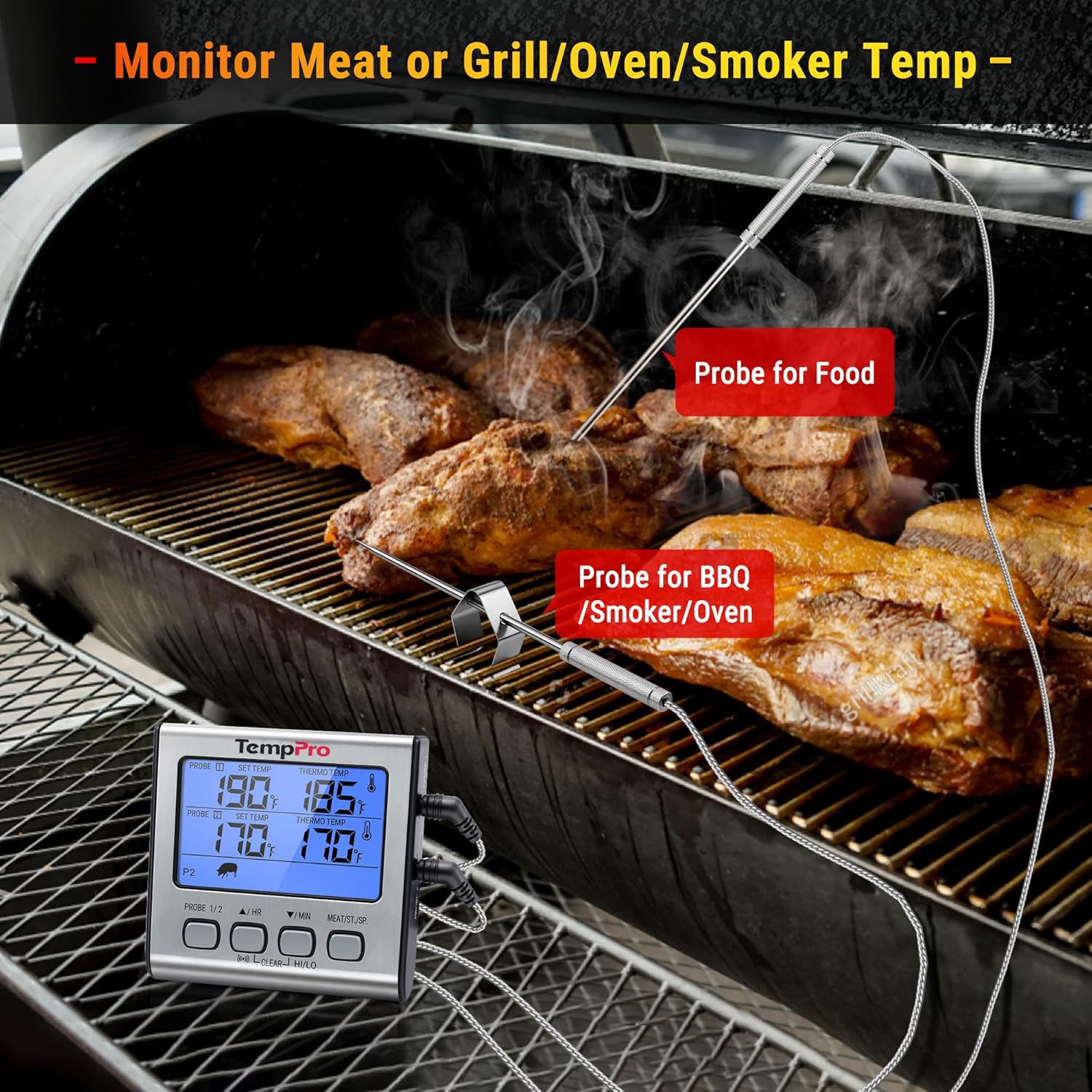 TempPro TP17 Dual Probe Digital Meat Thermometer - Large LCD Backlight & Timer for BBQ, Smoker, Oven - Silver