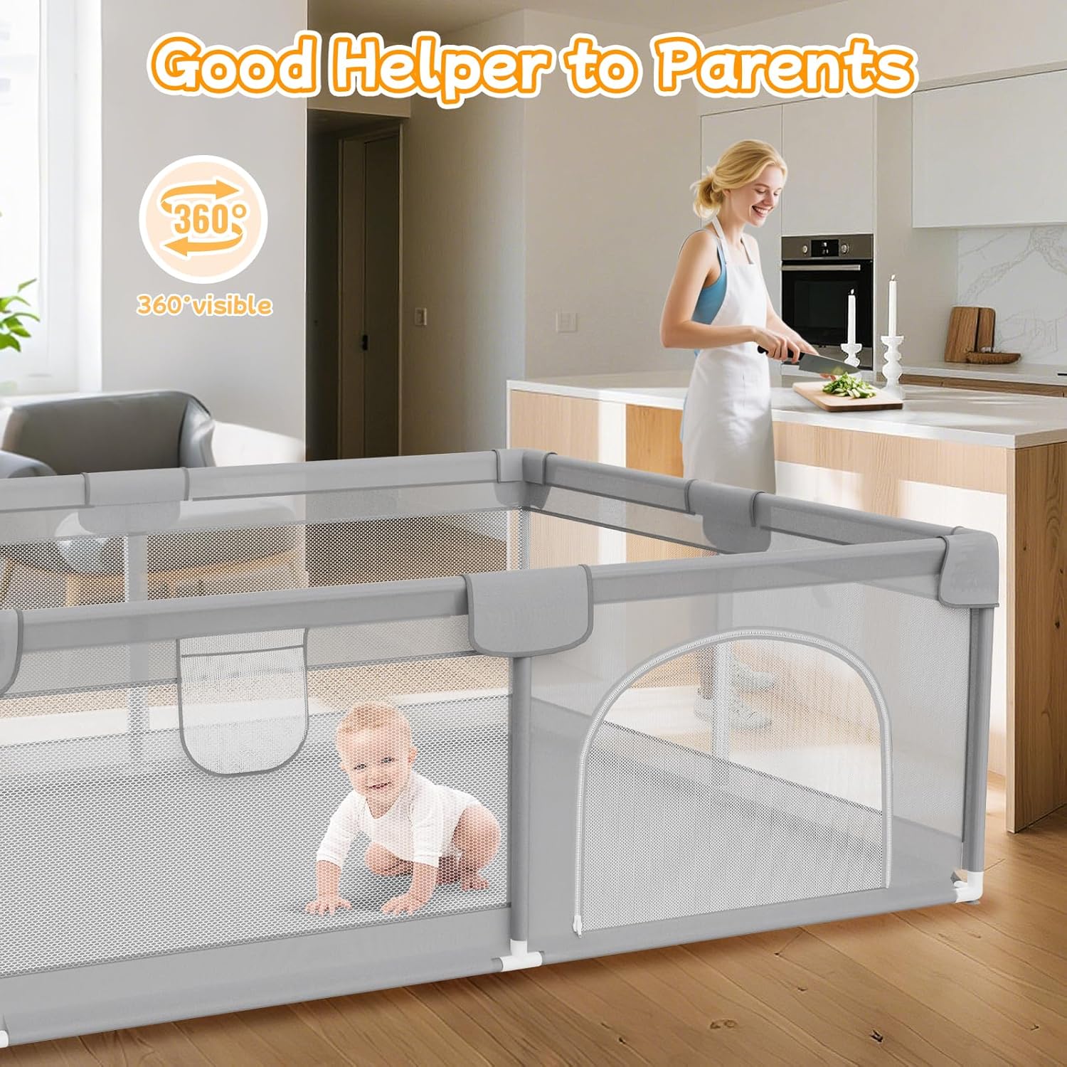 Skiennix Large Baby Playpen - Breathable Mesh Safety Activity Center for Indoor & Outdoor Use, Grey 74"x50"