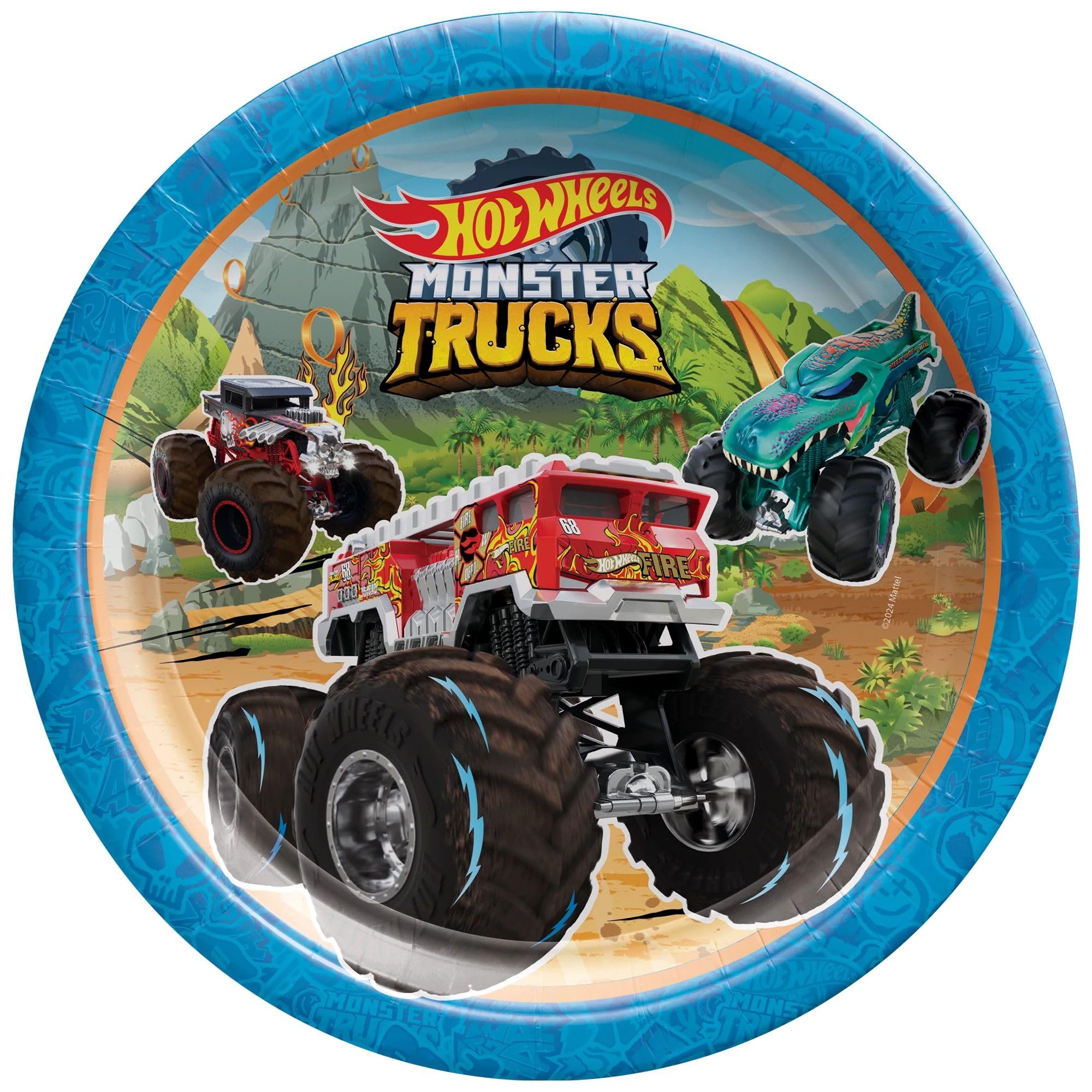 Monster Trucks Birthday Party Supplies Bundle includes 16 Dessert Cake Plates, 16 Lunch Plates, 32 Lunch Napkins, 1 Dinosaur Sticker Sheet
