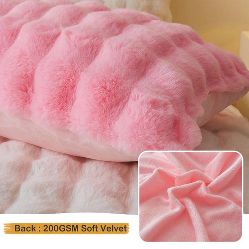 LIFEREVO Pack of 2 Fluffy Faux Rabbit Fur Throw Pillow Covers, Cute Plush Shaggy 18x18 Bubble Waffle Cushion Covers Zipper Closure, Home Decorative Furry Fuzzy Pillow Shams for Kids Girls Adults, Pink