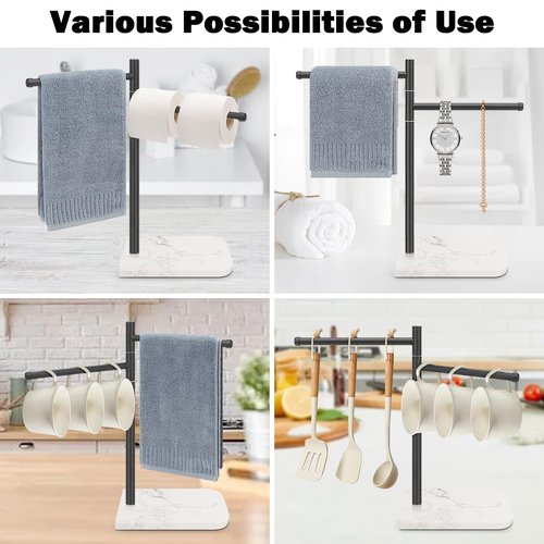 Winmien Standing Hand Towel Holder, Hand Towel Stand with Marble Base, 304 Stainless Steel Towel Rack with 2 Swivel Arm, Countertop Stand Towel Ring Towel Bar for Bathroom (Matte Black)