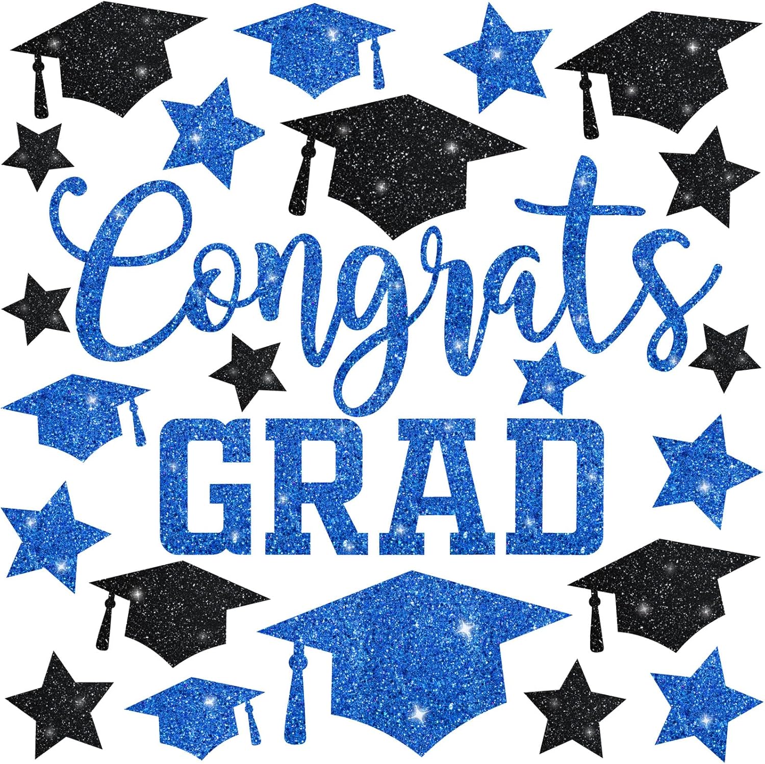 Whaline Glitter Graduation Window Clings - Reusable Blue & Black Decor for Home & School Celebrations