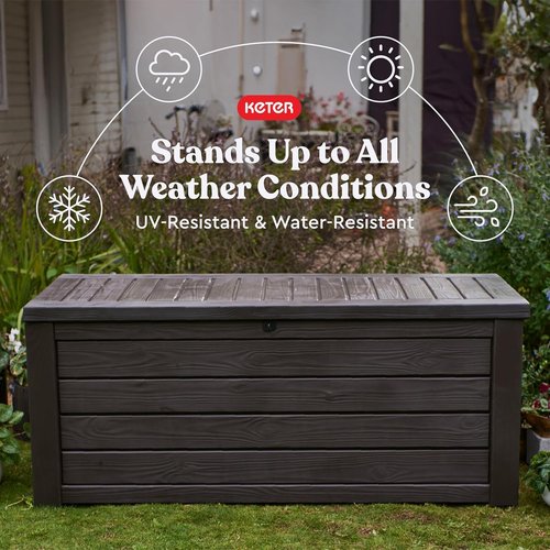 Keter Westwood 150 Gallon Deck Box - Large Brown Outdoor Storage & 2-Person Bench Seat with Lockable Lid