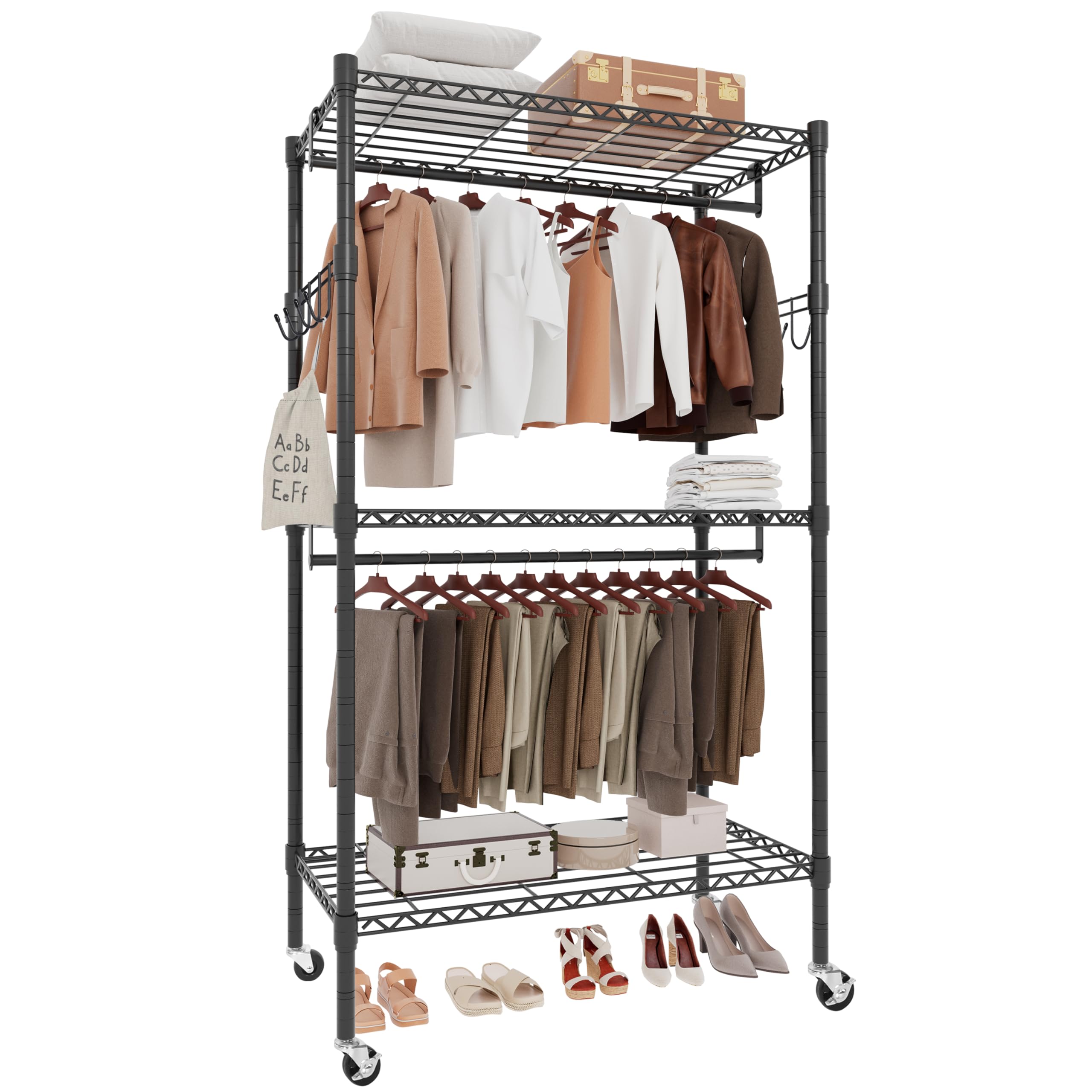 Whitmor 3 Tier Rolling Garment Rack, Heavy Duty Adjustable Metal Clothing Rack with Side Hooks, Double Rods & 360° Lockable Wheels, Max 600LBS for Hanging Clothes, 43" L x 18" W x 80" H, Black