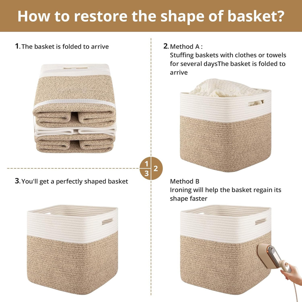 OIAHOMY 13-Inch Cube Storage Bins - 3-Pack Cotton Rope Baskets for Organizing | Brown & White