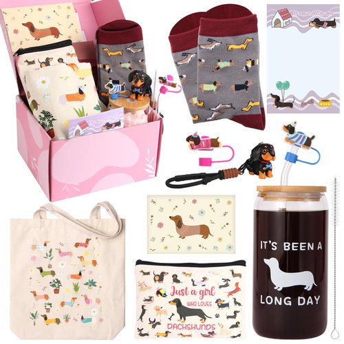 Dachshund Gifts for Women Funny Gifts for Dog Lovers Including Makeup Bag Glass Cup Keychain Socks Notepad Canvas Tote Bag Straw Cap for Birthday Christmas Mothers Day
