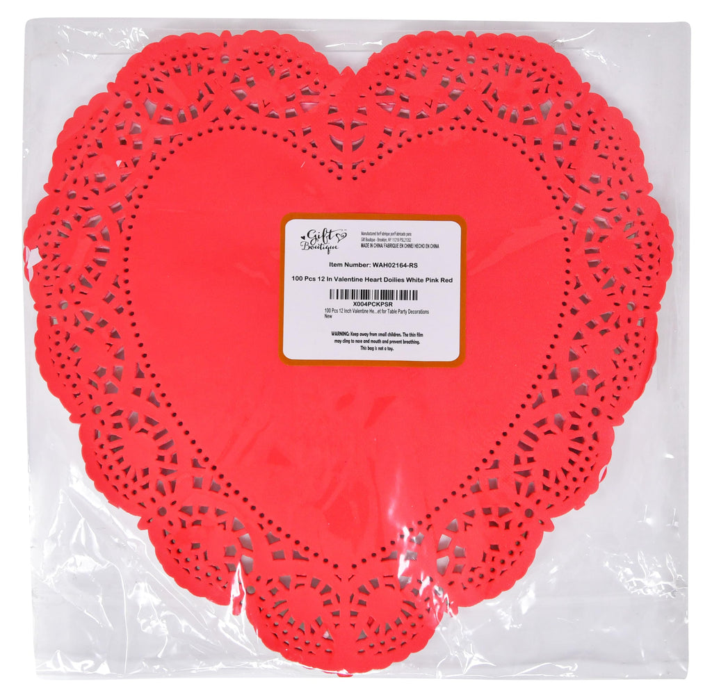 100 Pcs 12 Inch Valentine Heart Doilies Cutouts Paper Lace Doily Red Craft Gift Set for Table Party Decorations