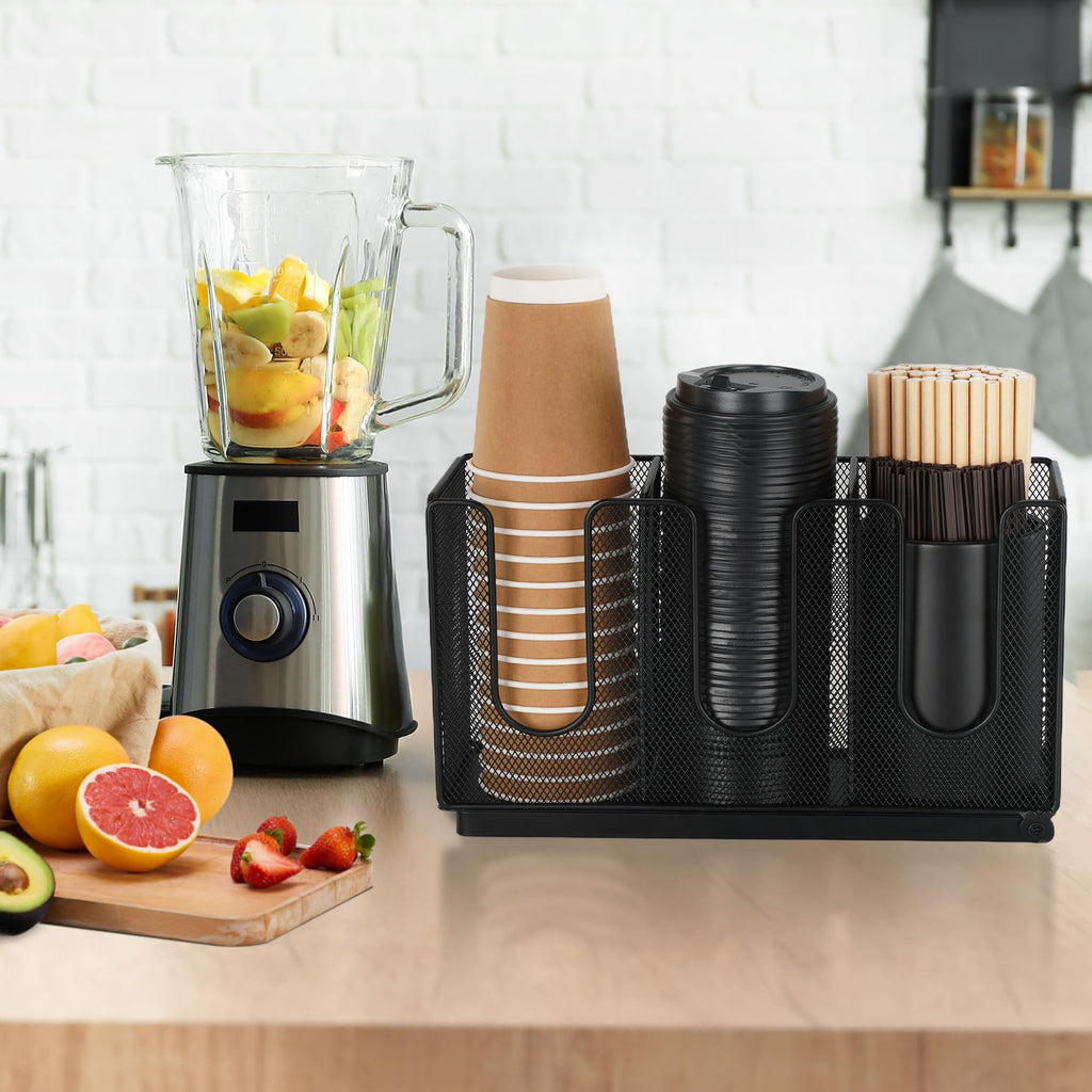 Cairondin Paper Cup and Lid Holder with Straw Organizer for Countertop Coffee Station Bar Restaurant Breakroom, Metal Midsize Disposable Coffee Cup Dispenser for Plastic Cup Lid Straw, Black