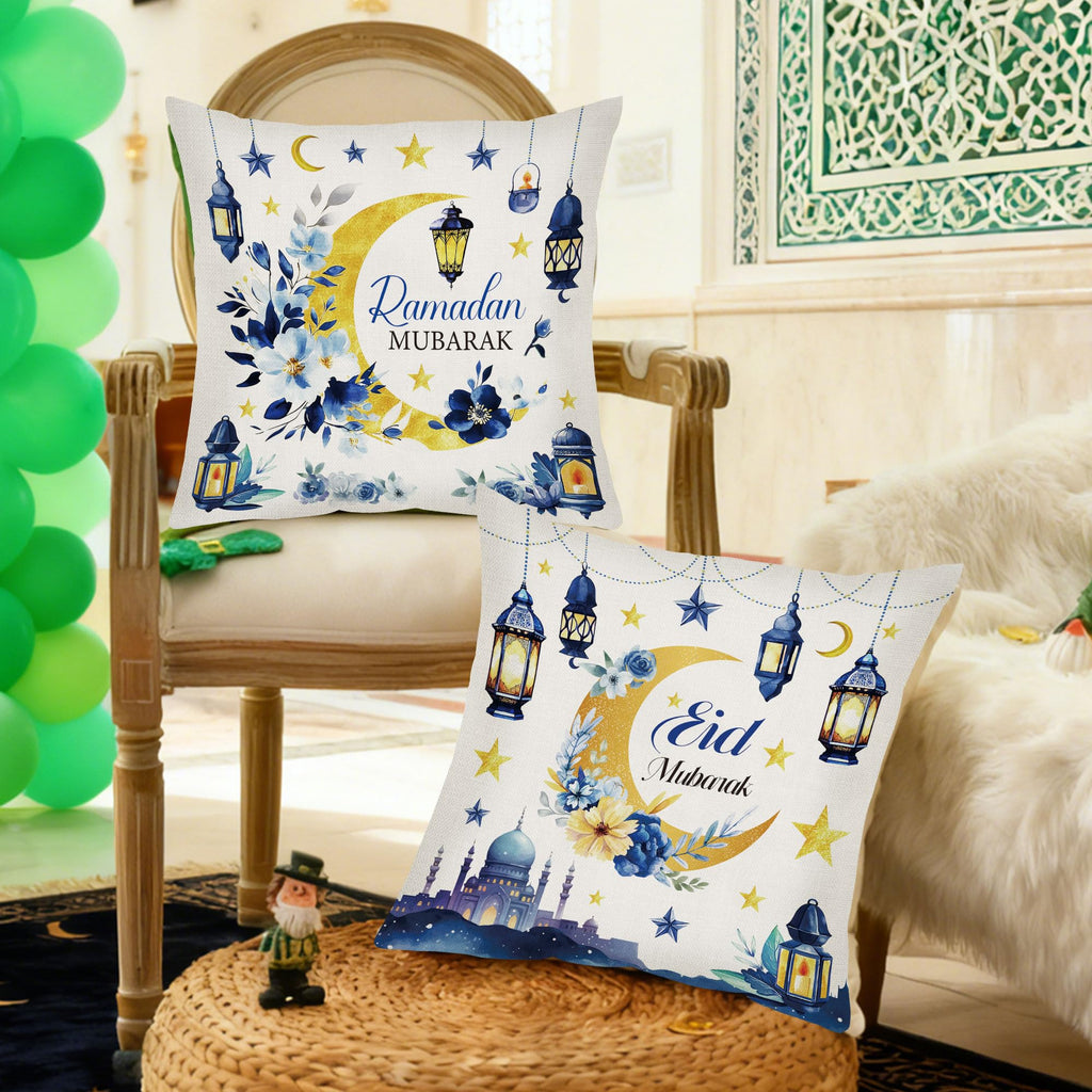 CRASHOT Ramadan Pillow Covers 18 x 18, 4 Pcs Blue and Gold Moon Floral Throw Pillow Cases, Linen Ramadan Decorations for Home, Islamic Festival Holiday Decor for Sofa Couch
