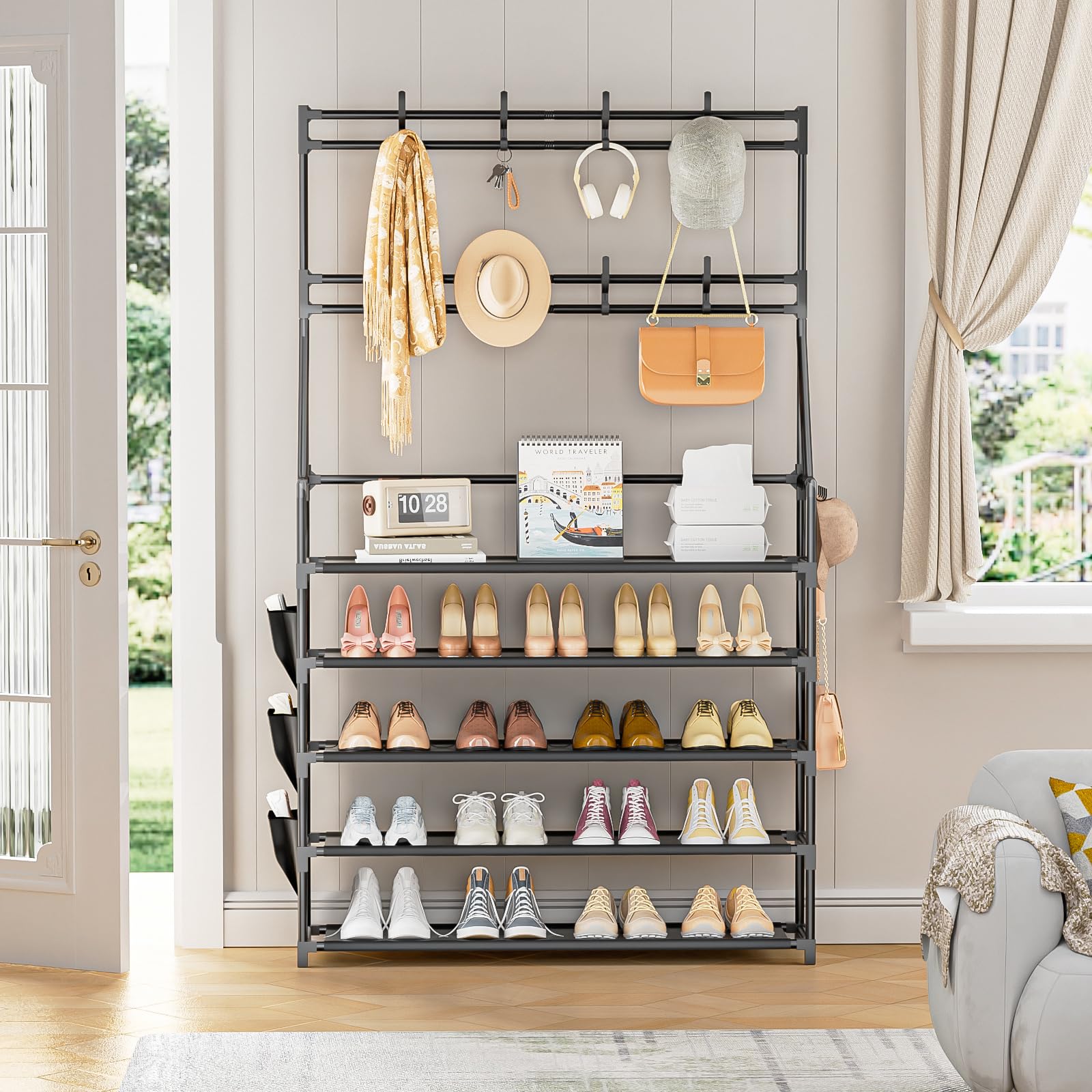 OYREL Shoe Rack 5 Tier Shoe Racks Organizer 20-25 Pairs Shoes Rack for Closet Entrance Shoe Storage Organizer with Hooks and Side Pocket Entryway Shoe Holder Space Saving Free Standing Shoe Racks