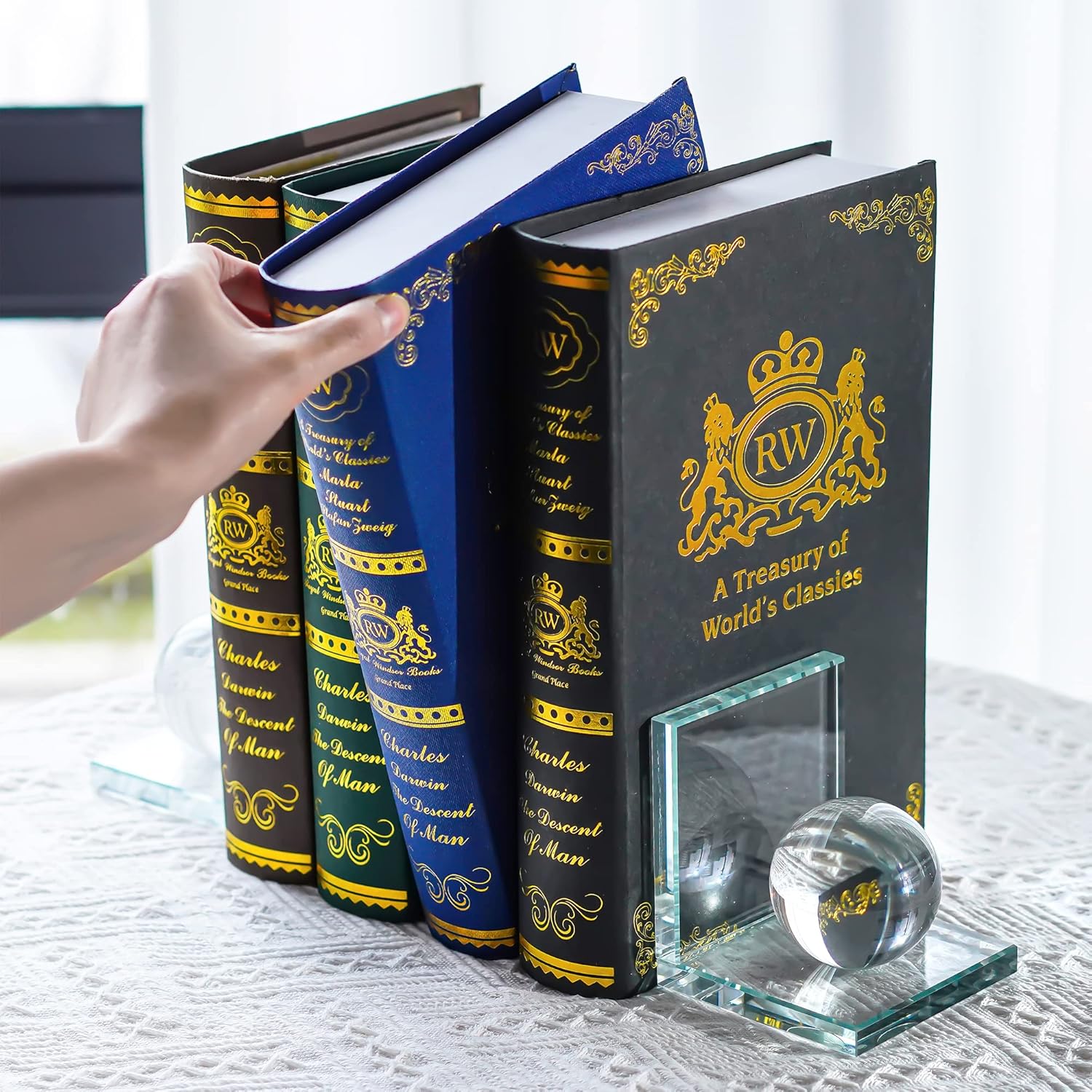 Skiennix Crystal Bookends - L-Shape Non-Skid Heavy-Duty Book Holders | Clear 4-Inch Decorative Ornaments