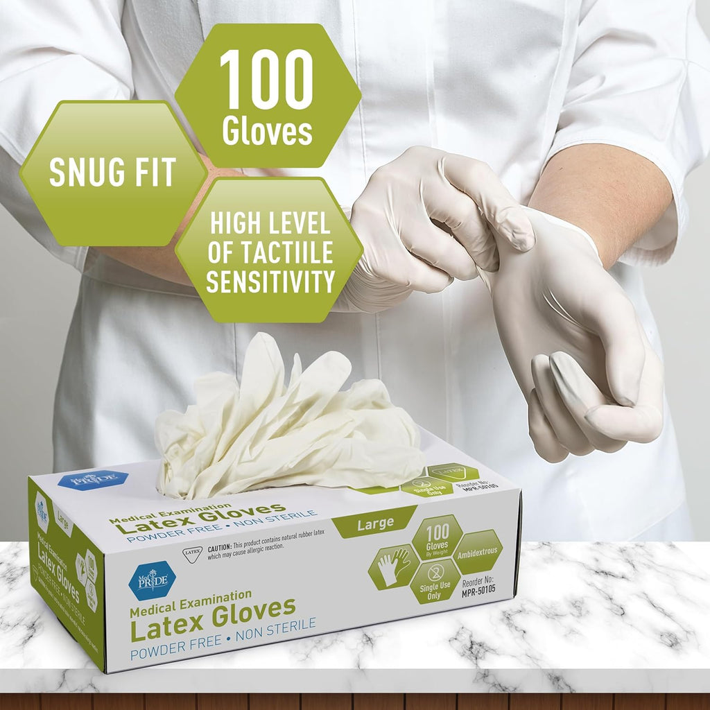 MedPride Powder-Free Latex Exam Gloves - Large Size | Box of 100 for Superior Protection