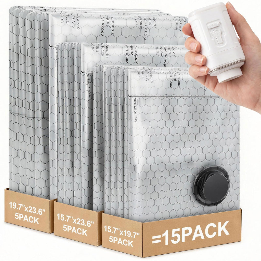 Maraiss Vacuum Bags for Travel with Rechargeable Air Pump, 15 Pack Carry-on Size Compression Packing Bags to Maximize Space & Travel Storage, Space Saver for Clothes, Bedding and Pillows