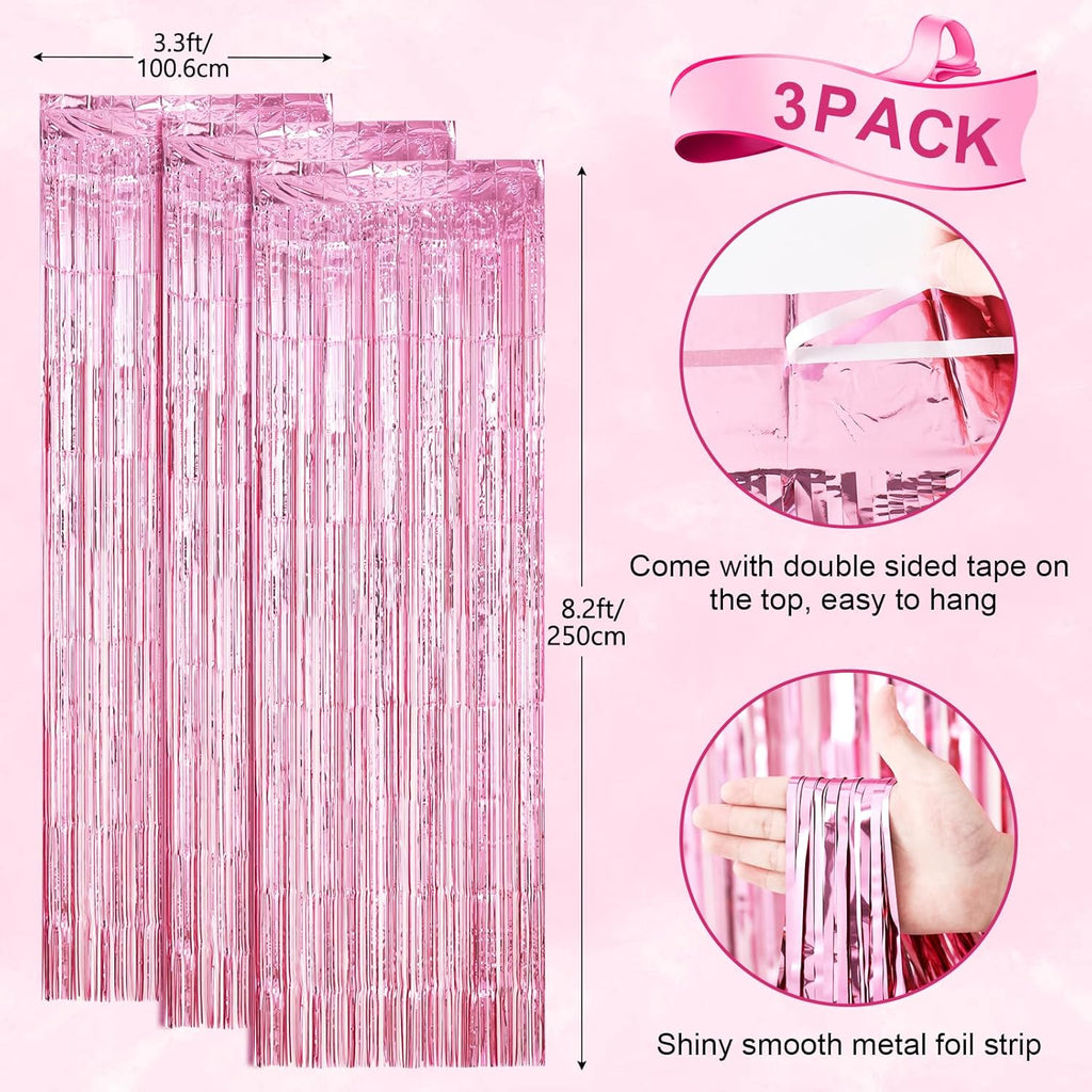 Voircoloria Light Pink Foil Fringe Backdrop Curtains - 3 Pack | Perfect for Birthday, Graduation, Baby Shower & Disco Parties