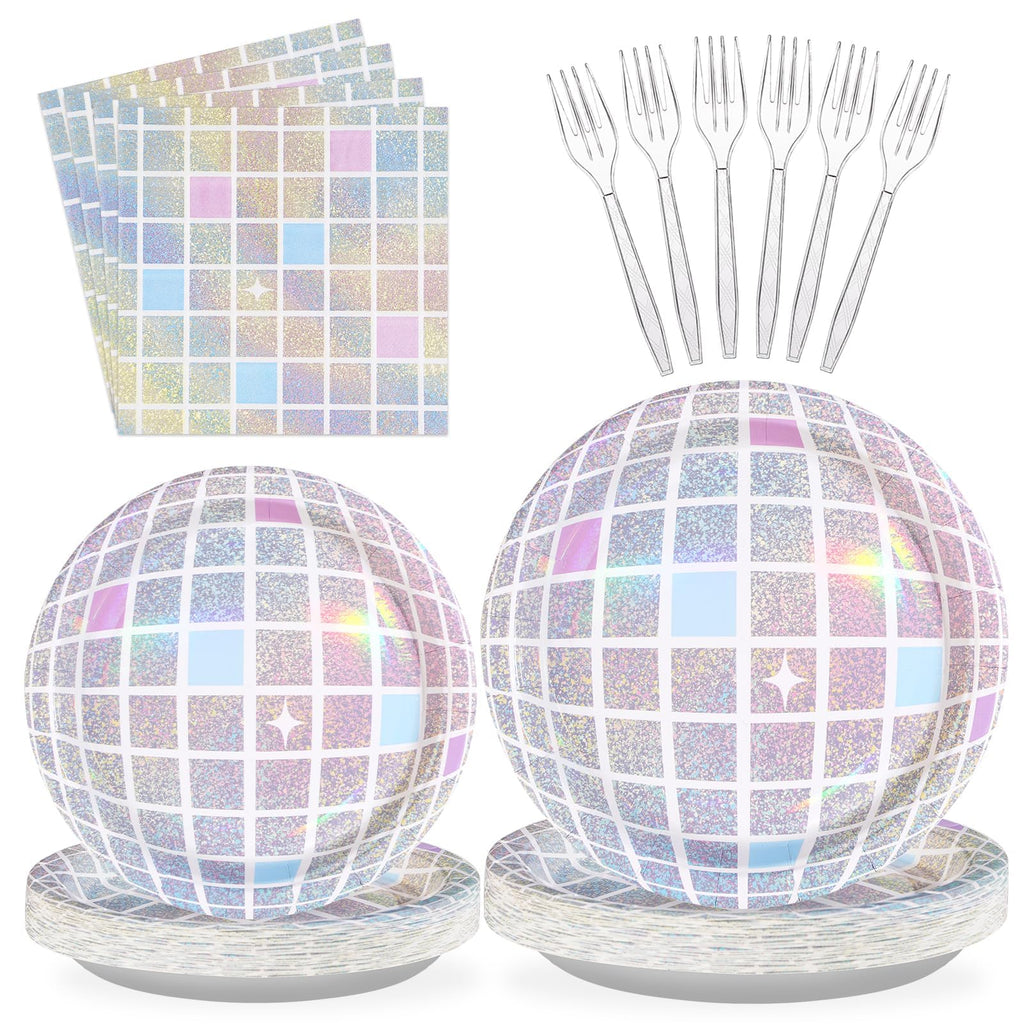 96Pcs Disco Party Supplies Pink Pastel Silver Disco Ball Plates and Napkins Sets Rainbow Iridescent Birthday Decorations for Dancing Queen 17th Wedding Sprinkle Bachelorette 70s Disco Party Serves 24