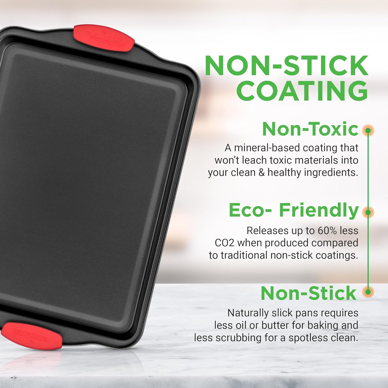 NutriChef Nonstick Kitchen Oven Baking Pans - Premium Commercial Grade Bakeware with Red Silicone Handles | 3-Piece Set