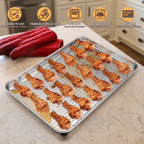 E-far Cookie Sheet Set - Half Sheet Baking Pan with Wire Cooling Rack | 18”x13” Stainless Steel, Dishwasher Safe