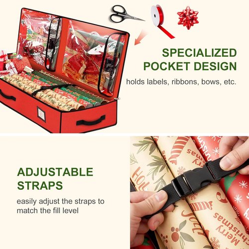 HikooLSS Wrapping Paper Organizer - Heavy Duty 600D Tear-Proof Storage Container for Christmas Gifts | Red