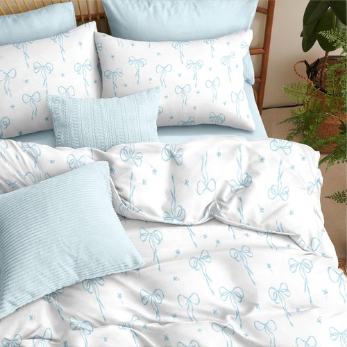 Bildenly Comforter Set Full Size White - Light Blue Bow Quilt Bedding Set 3 Pieces, Comforter Set Full, Soft & Lightweight Comforter(79‘’ x 90‘’) for Girl All Season & 2 Pillow Cases(30‘’x20‘’)