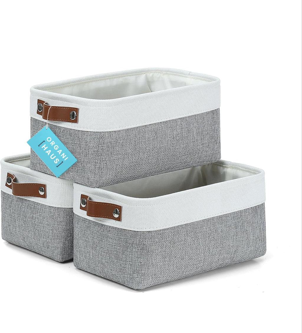 OrganiHaus Small Fabric Storage Baskets - 3 Pack 12x8in Cloth Bins for Organizing | Gray/Off-White