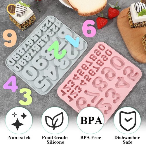 Guduling 2 Pcs Number Chocolate Mold,Silicone 0-9 Number Molds for Chocolate,Reusable Numbers Mold,Happy Birthday Cake Decorations Cupcake Baking Molds for Party,Pink & Gray