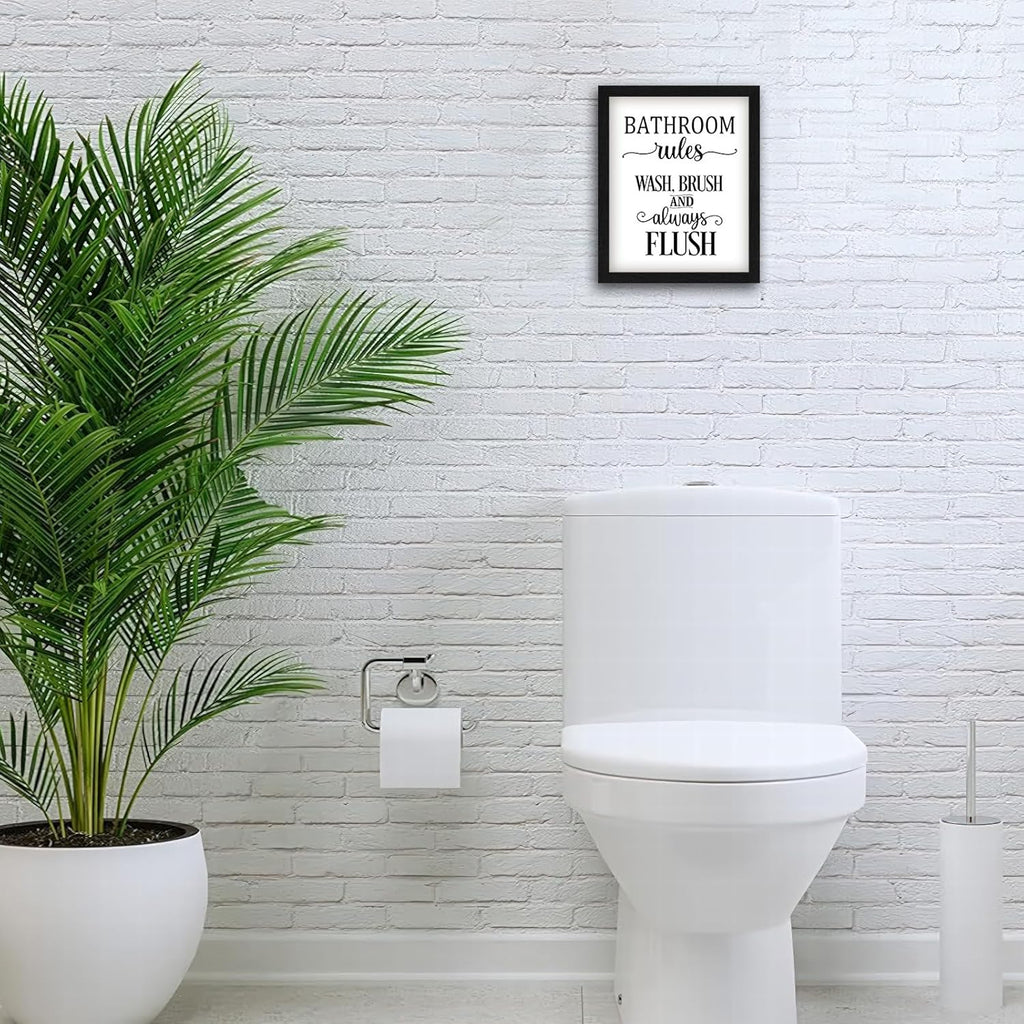 Regine Switzerland Funny Bathroom Wall Art - Framed 8x10 Inches Black and White Toilet Rules Decor | Essential Restroom Canvas Prints