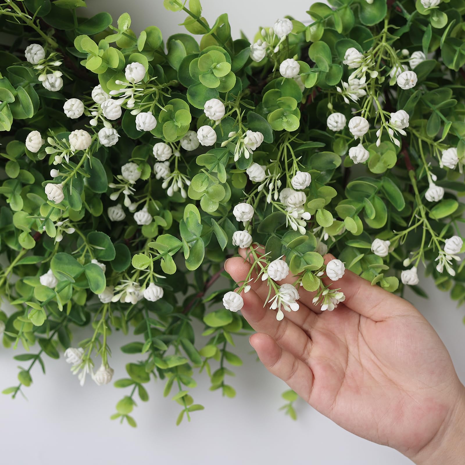 26" Artificial Eucalyptus Wreath with Baby's Breath for Front Door - Faux Eucalyptus Leaves, Fake Spring/Summer Greenery Flowers Wreath for Porch, Farmhouse, Wall, Window Outdoor Decor(White-Green)