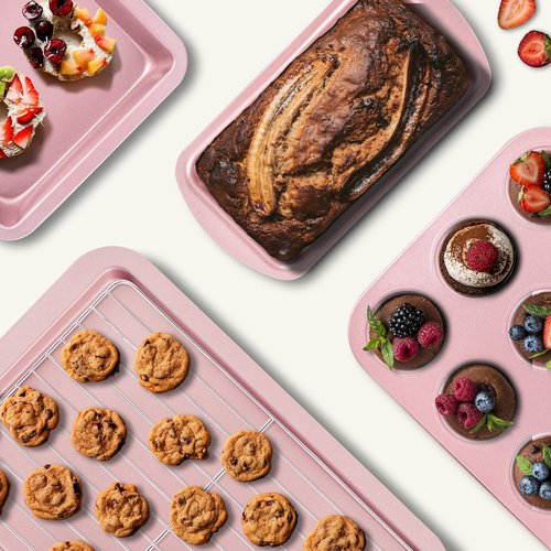 KITESSENSU Nonstick Baking Pans Set - 7-Piece Bakeware with Round, Square, Loaf, Muffin, Cookie & Roast Pans | Pink