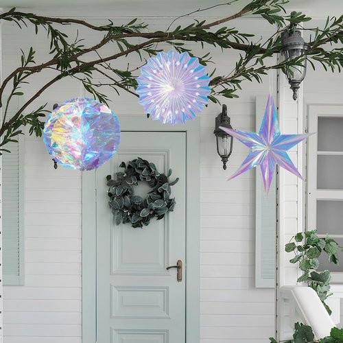 GREATRIL Iridescent Party Decorations - 3 PCS Honeycomb Ball, Paper Fan & Star Ornament Set