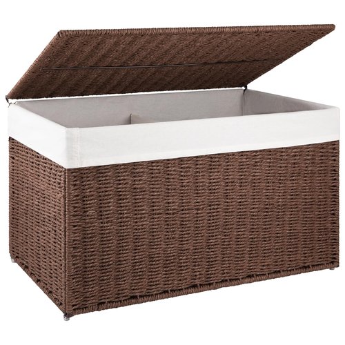 OIAHOMY Storage Basket with Lid, 27.7 Gallon (105L) Blanket Basket with Removable Separated Liner Bag, Paper Rope Hamper with Handle, Foldable, Shelf Basket for Living Room, Brown