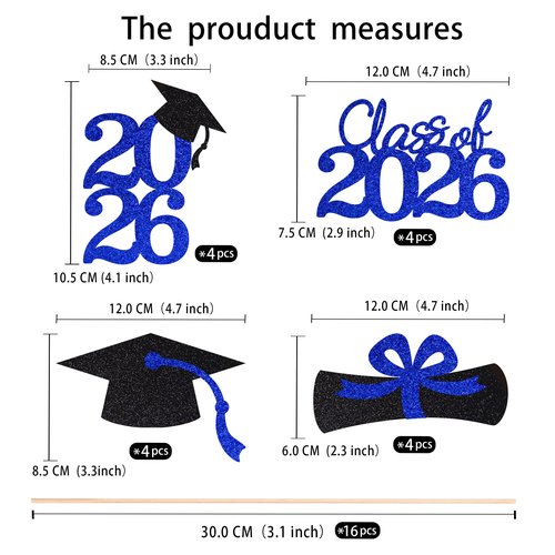 Double-sided 16 PCS Graduation Cake Toppers – Blue Class of 2026 Centerpieces Picks for Graduation Theme Party Decorations Supply