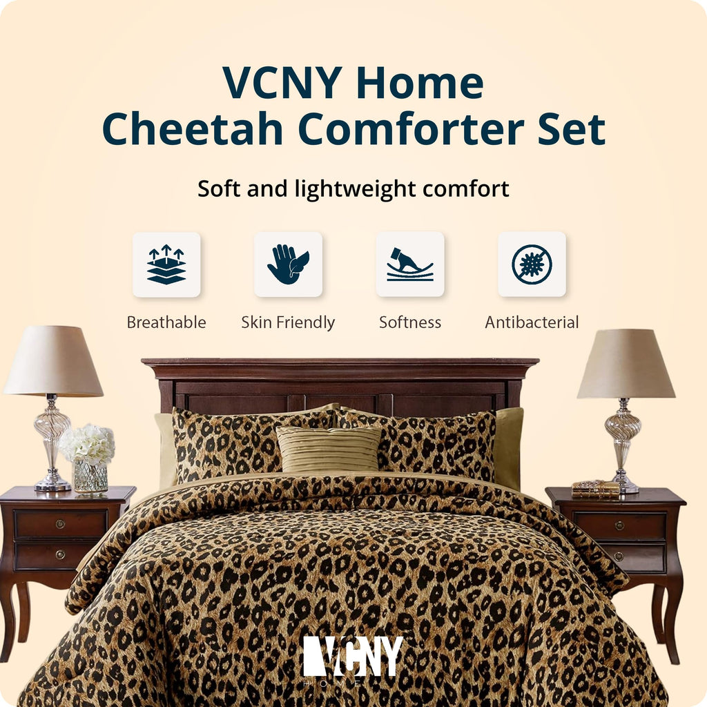 VCNY Home Bed in a Bag 8-Piece Bedding Set - Queen Size | Cheetah Print Shams, Decorative Pillows & Pillowcases | Elevate Your Home Decor | Luxurious, Soft & Cozy | No-Wrinkle Microfiber Polyester