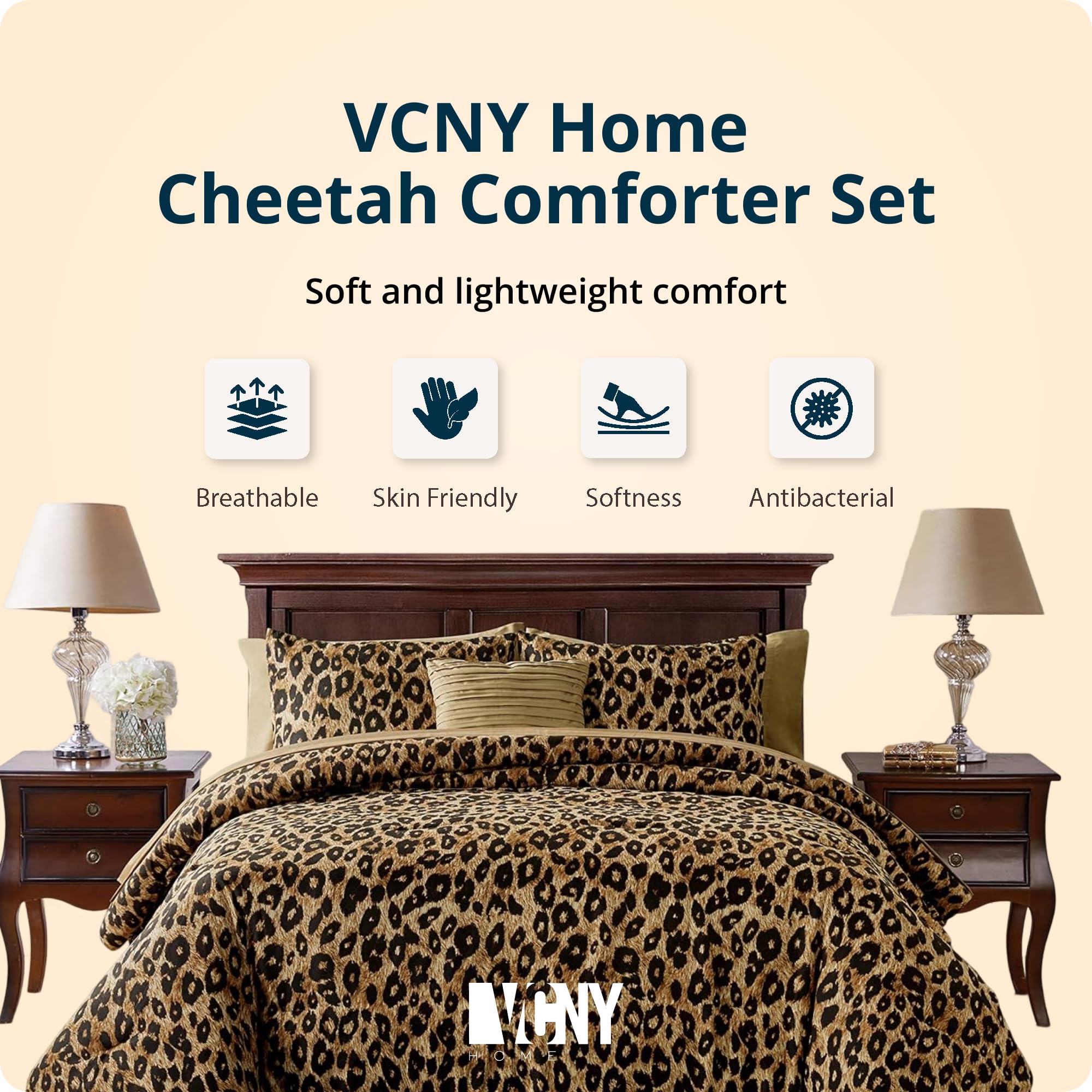 VCNY Home Bed in a Bag 8-Piece Bedding Set - Queen Size | Cheetah Print Shams, Decorative Pillows & Pillowcases | Elevate Your Home Decor | Luxurious, Soft & Cozy | No-Wrinkle Microfiber Polyester