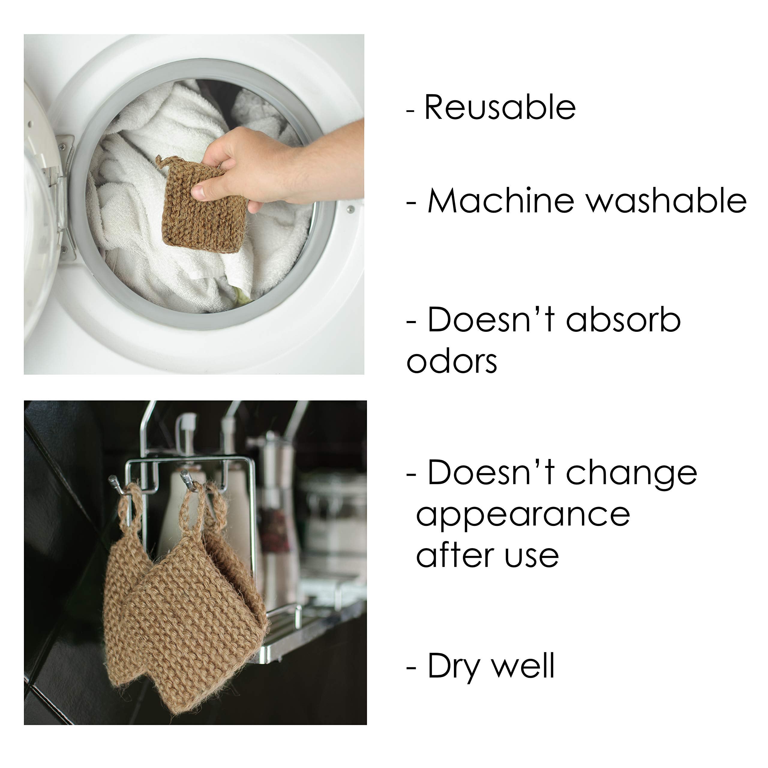 Natural Hemp Sponges for Dishes - Biodegradable Scrubber for dishwashing -Organic Reusable Unsponges Hand Knitted- Eco Friendly 100%-Compostable Set of 3