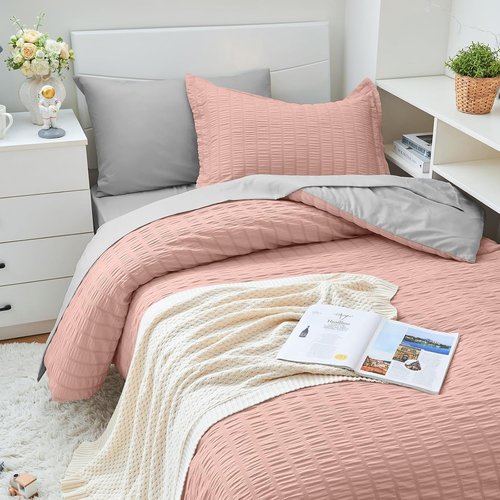 HYMOKEGE Twin XL Comforter Set - Rose Gold & Light Grey Seersucker | 5-Piece All-Season Luxury Bedding Set