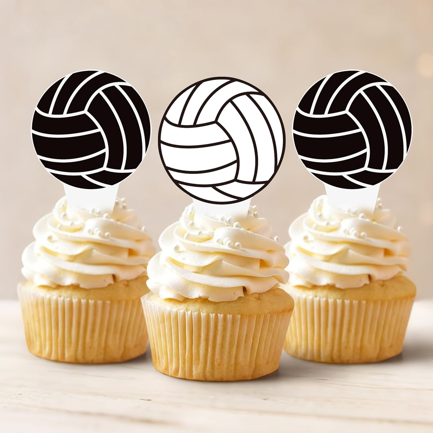 Volleyball Cupcake Toppers by [Brand Name] - 48PCS Black & White Cake Decorations for Sports Parties