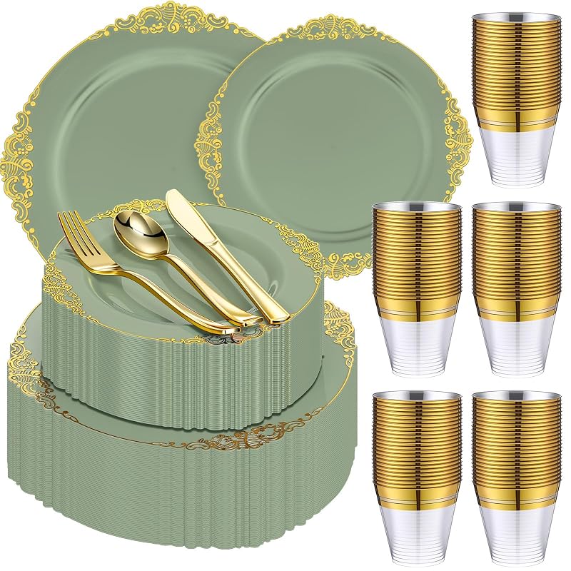 Umigy Sage Green Plastic Dinnerware Set with Gold Edges, 300 Pcs - Disposable Plates, Cutlery & Cups (Variation: Sage Green+300)