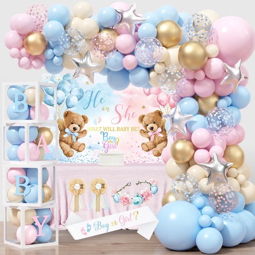 Bear Gender Reveal Decorations, He or She Baby Gender Reveal Party Decoration, Boy or Girl Bear Theme Party Supplies, Backdrop BABY-Box Tablecloth Mom to Be Sash Dad to Be Pin Balloon Arch
