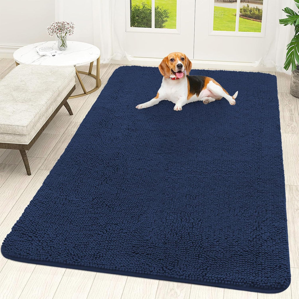 OLANLY Dog Door Mat - Absorbent Non-Slip Chenille Mat for Muddy Paws | 70x46 Dark Blue Indoor Carpet