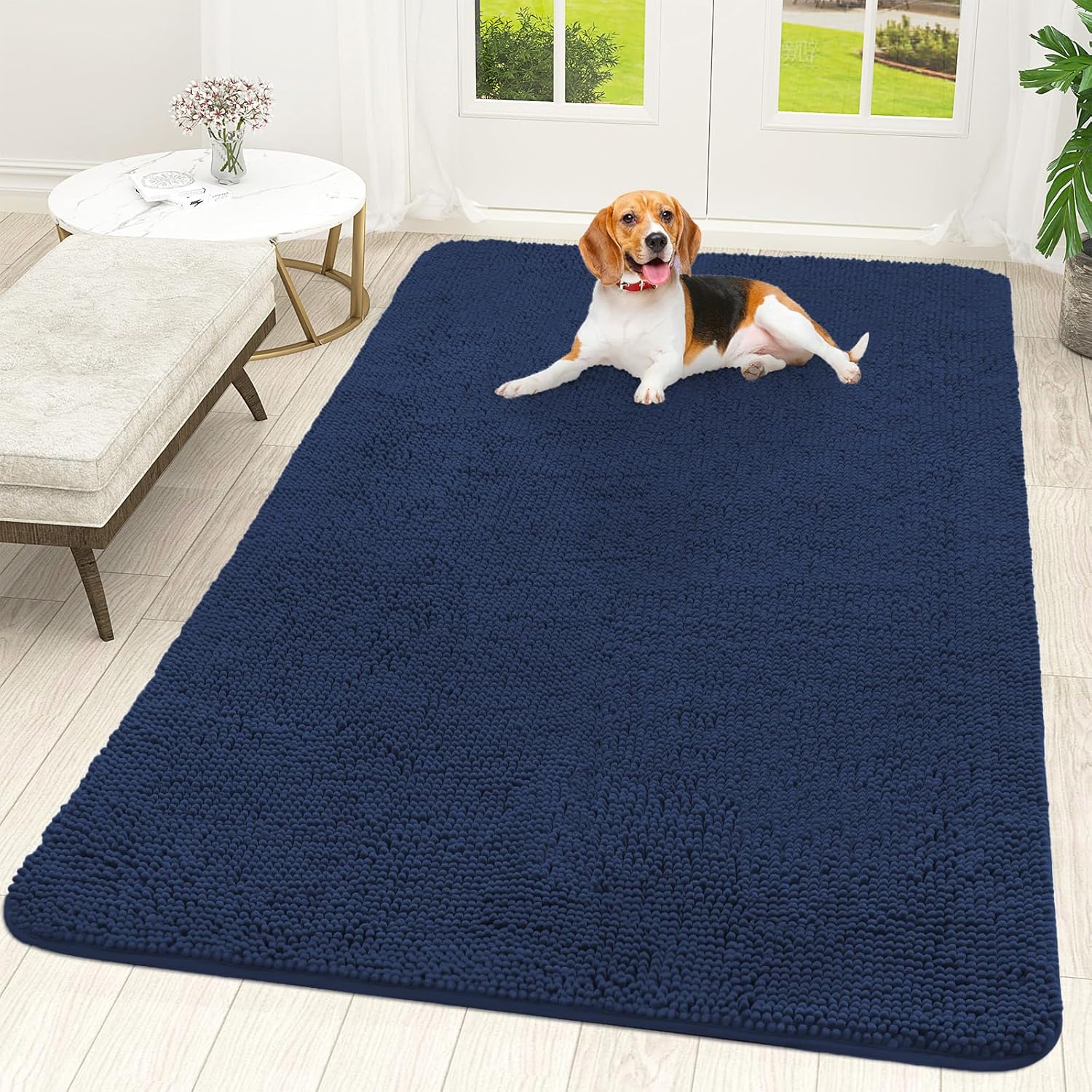 OLANLY Dog Door Mat - Absorbent Non-Slip Chenille Mat for Muddy Paws | 70x46 Dark Blue Indoor Carpet