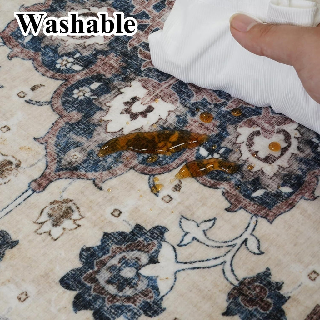 Skiennix Washable 3x12 Hallway Runner Rug - Floral Non-Slip Entryway Carpet | Stain Resistant Blue Mat