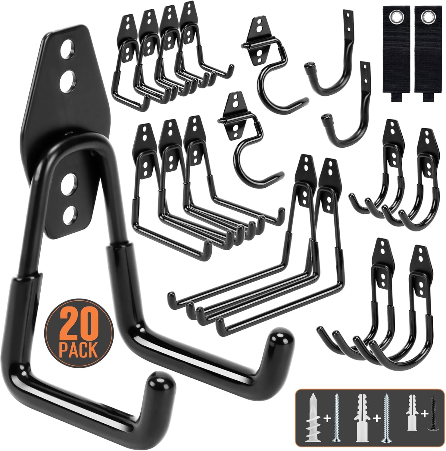 TONDA Heavy-Duty Garage Hooks - 20 Pack Wall Storage Solution for Bikes, Ladders, and Tools | Black
