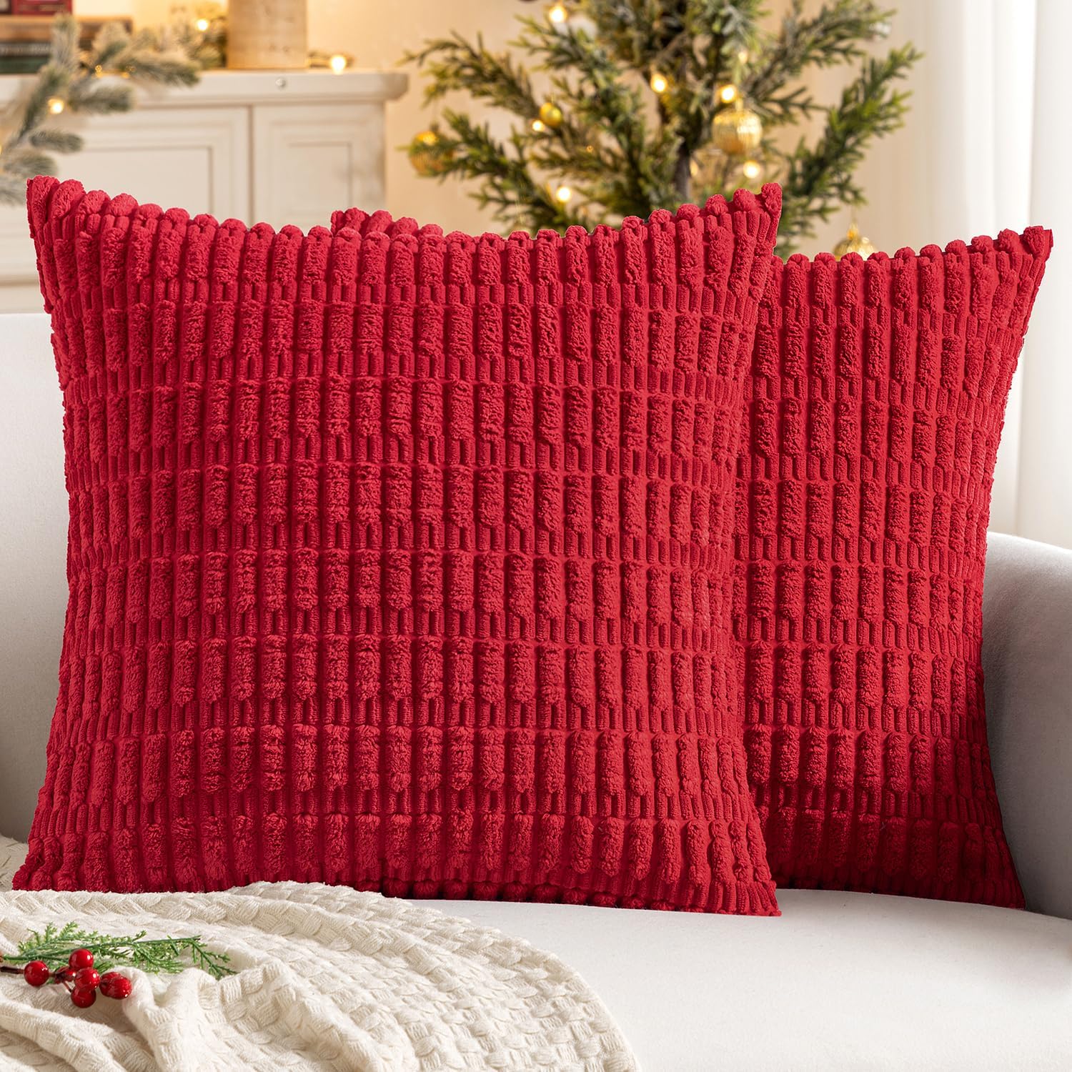 MIULEE Red Corduroy Decorative Pillow Covers - Soft Boho Striped 16x16 Inch for Modern Farmhouse Decor