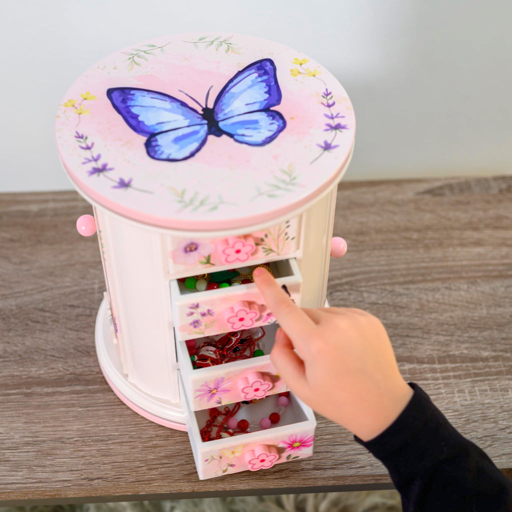 Tiny Gem - Spinning Jewelry Box for Girls Ages 2-18; Little Girl and Toddler Birthday and Christmas Gift; Flower and Butterfly White and Pink Wood Jewelry Box and Organizer; Room Decor for Accessories